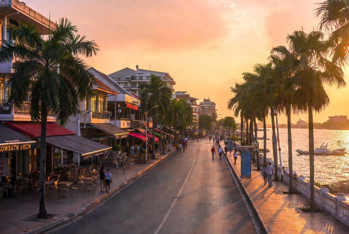 Phnom Penh riverfront at sunset